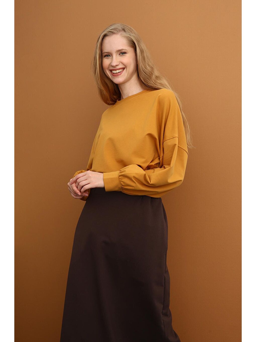 Kahverengi Acı Kahve Beli Lastikli Düz Dar Etek