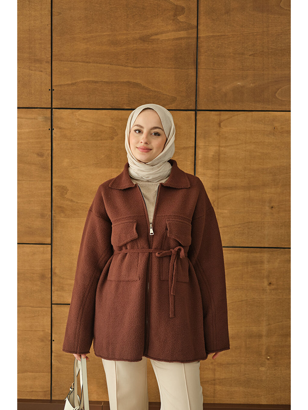 Kadın Cepli Keçe Hırka Kahverengi-3