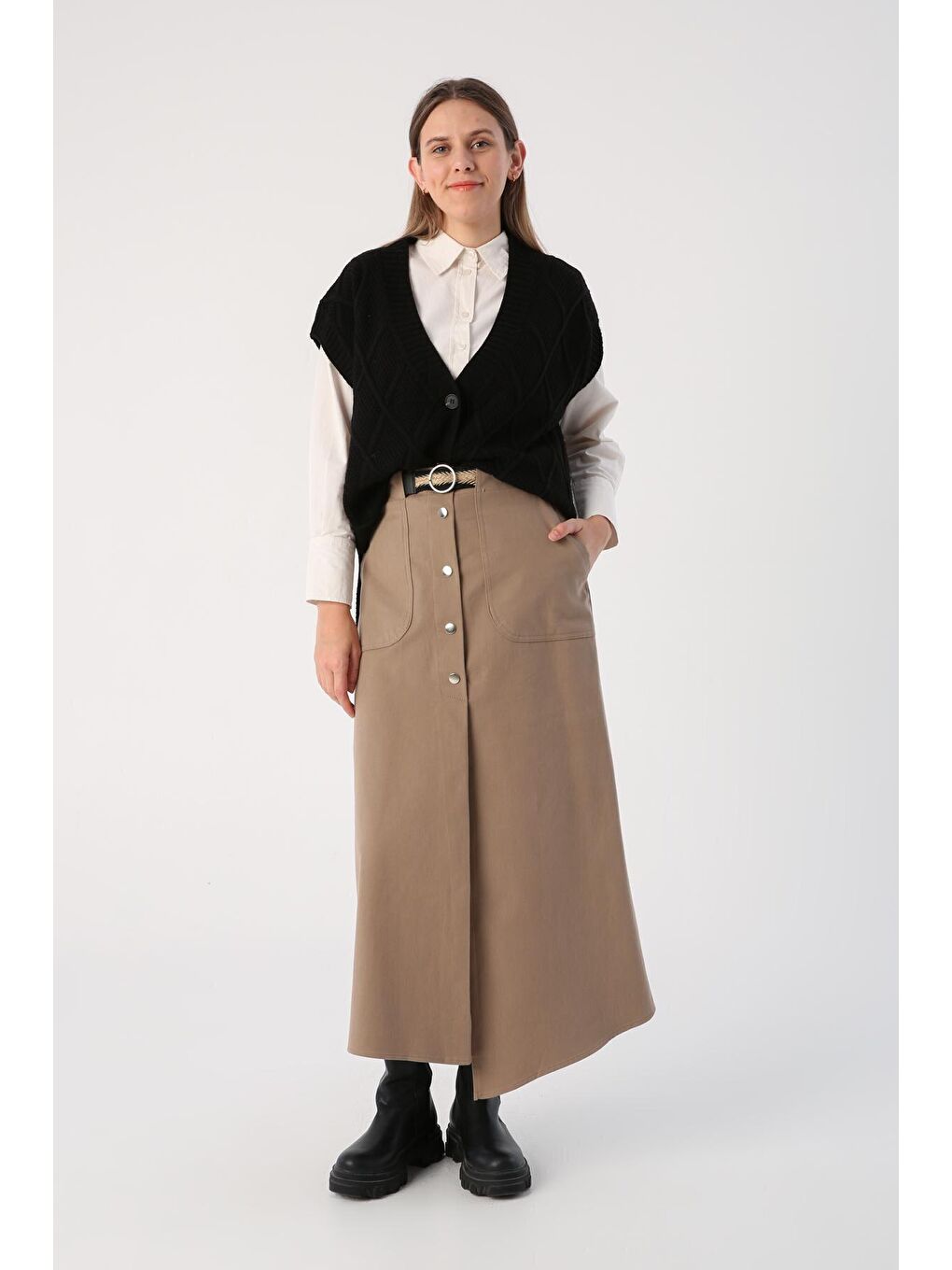 Koyu Bej %100 Pamuk Kemerli Çıtçıtlı Asimetrik Etek-1