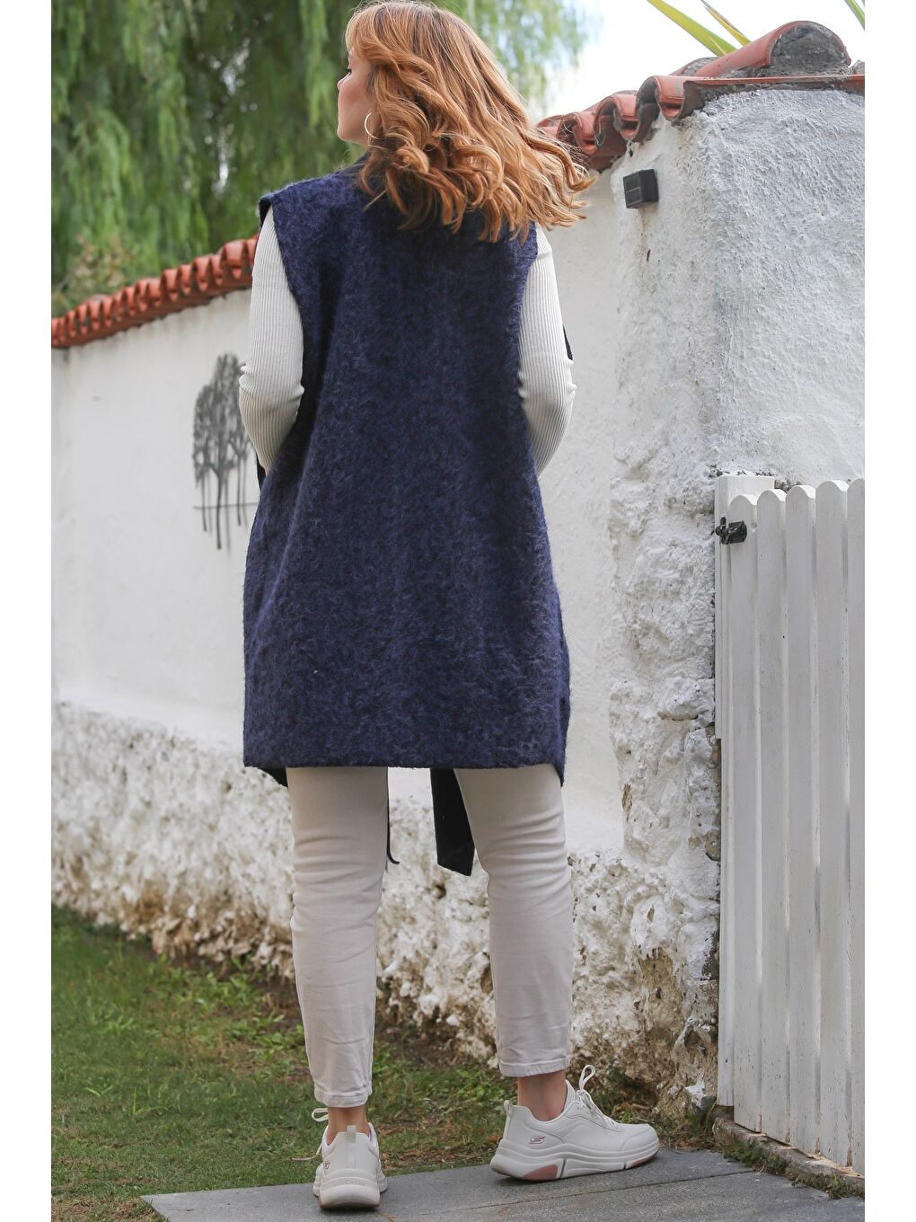 İtalyan Mavi Şal Yaka Kolsuz Cepli Casual Buklet Dokuma Yelek 90 65-1