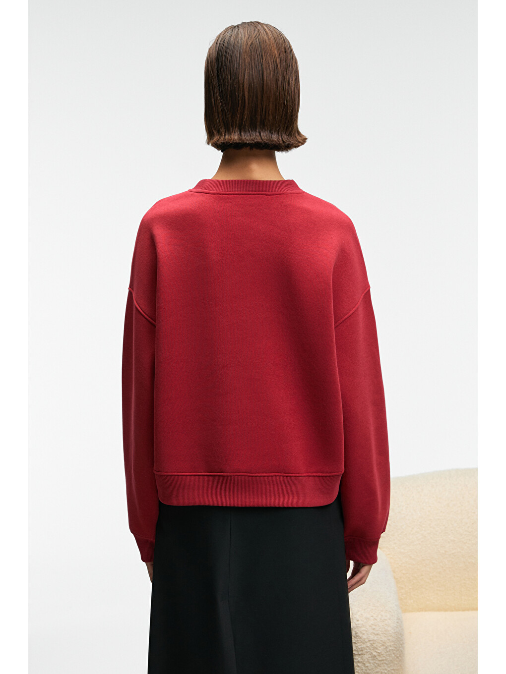 Serenya Kadın Pamuklu Etiket Detaylı Bisiklet Yaka Kırmızı Sweatshirt-5