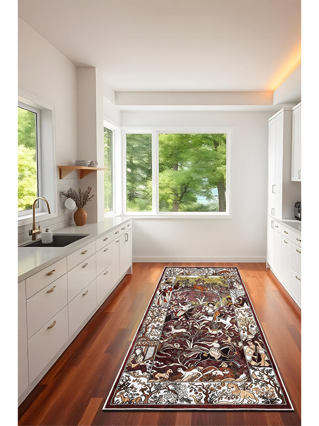 Bordo Dekoratif Özel Tasarım Yıkanabilir İnce Kaymaz Tabanlı Modern Halı KECE FR05-4