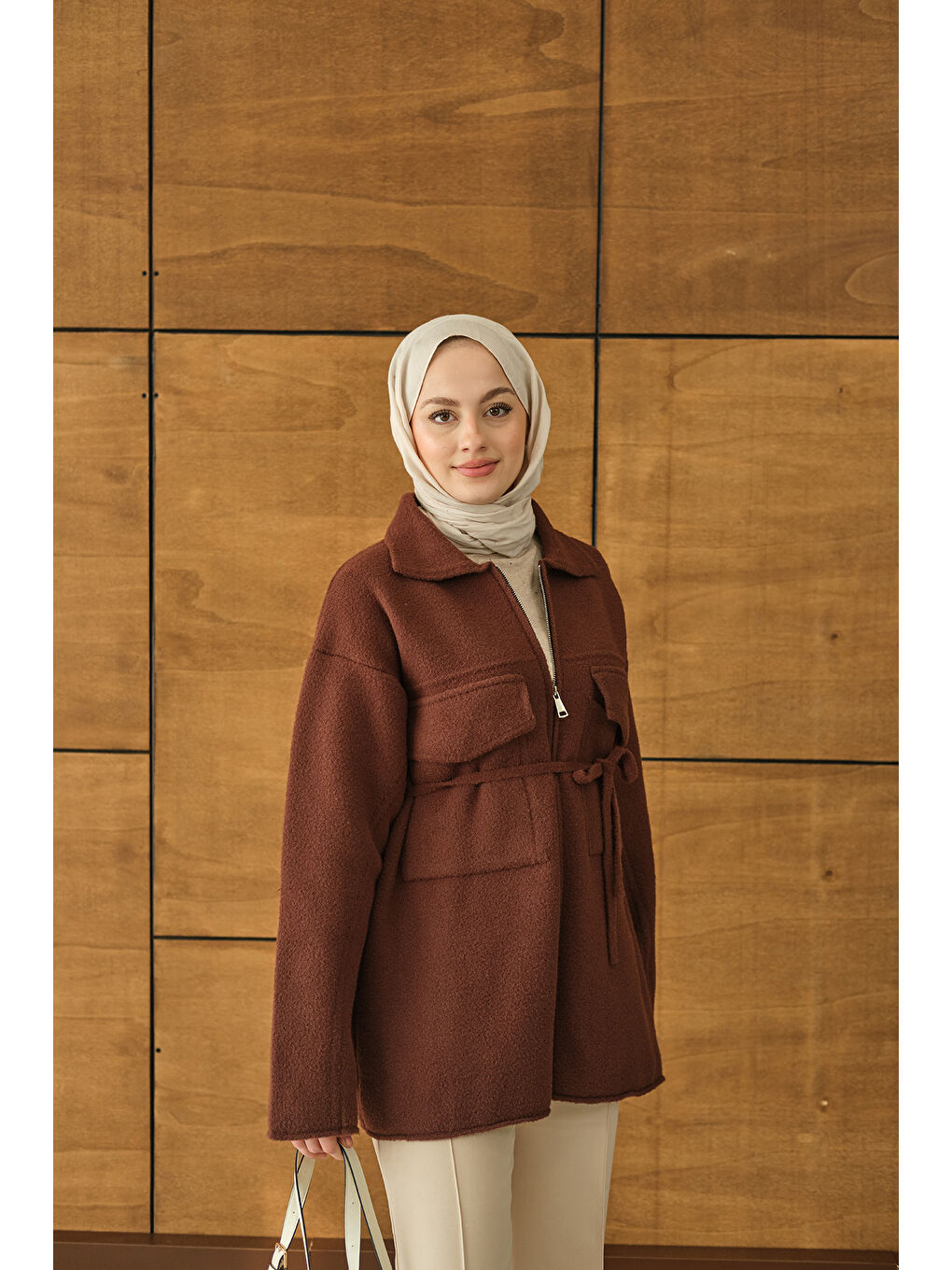 Kadın Cepli Keçe Hırka Kahverengi-4