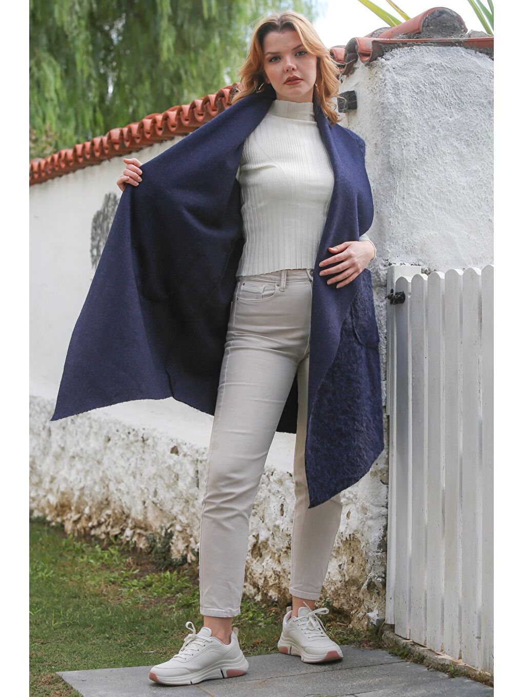 İtalyan Mavi Şal Yaka Kolsuz Cepli Casual Buklet Dokuma Yelek 90 65-2