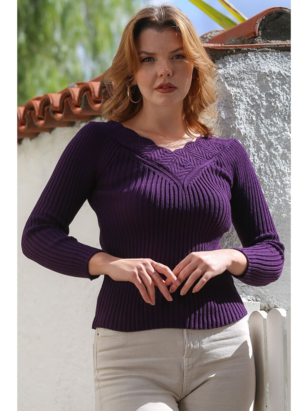 Mor V Yaka Uzun Kol Ajur Örgü Triko Kazak 60 50