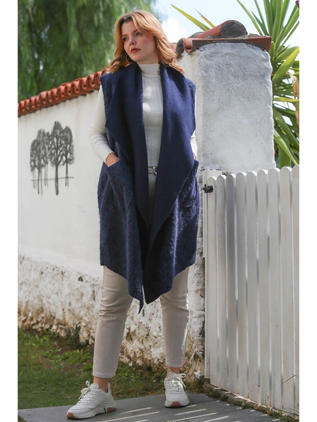 İtalyan Mavi Şal Yaka Kolsuz Cepli Casual Buklet Dokuma Yelek 90 65-3