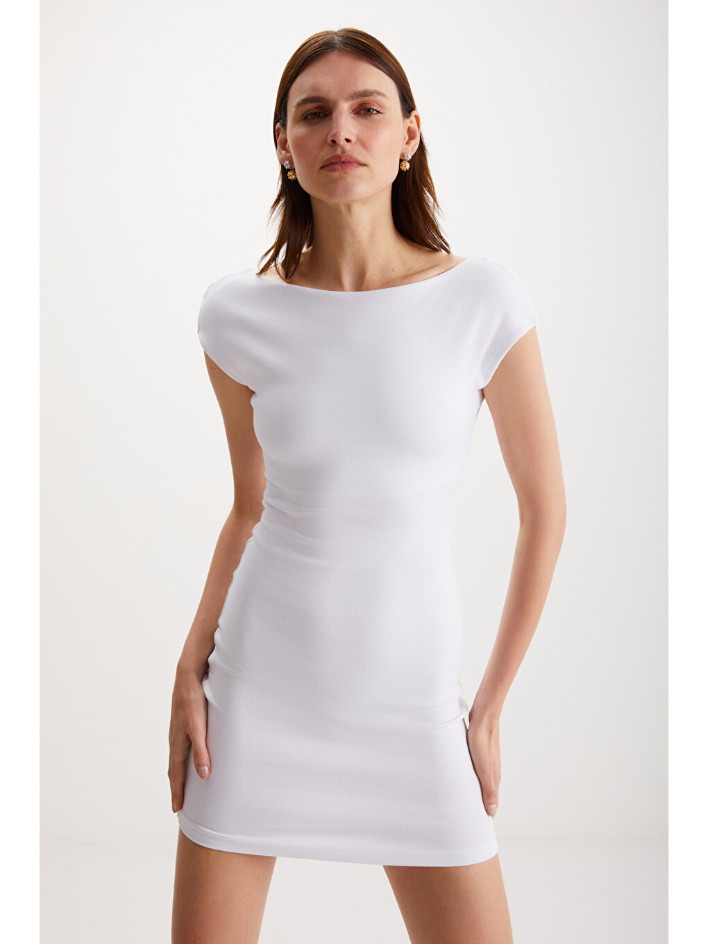 Arcene Kadın Organik Pamuklu Elastanlı Vücüdu Saran Bodycon Tek Parça Beyaz Elbise