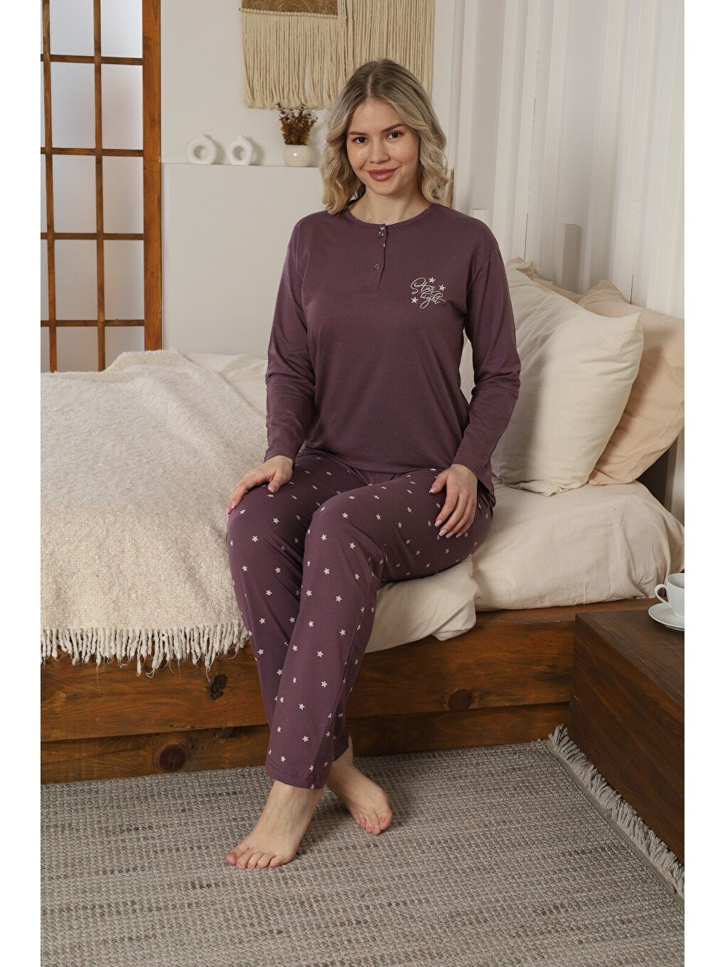 Mor Kadın Modal Kumaş Yıldızlı Düğmeli Kaliteli Esnek Rahat Pijama Takımı
