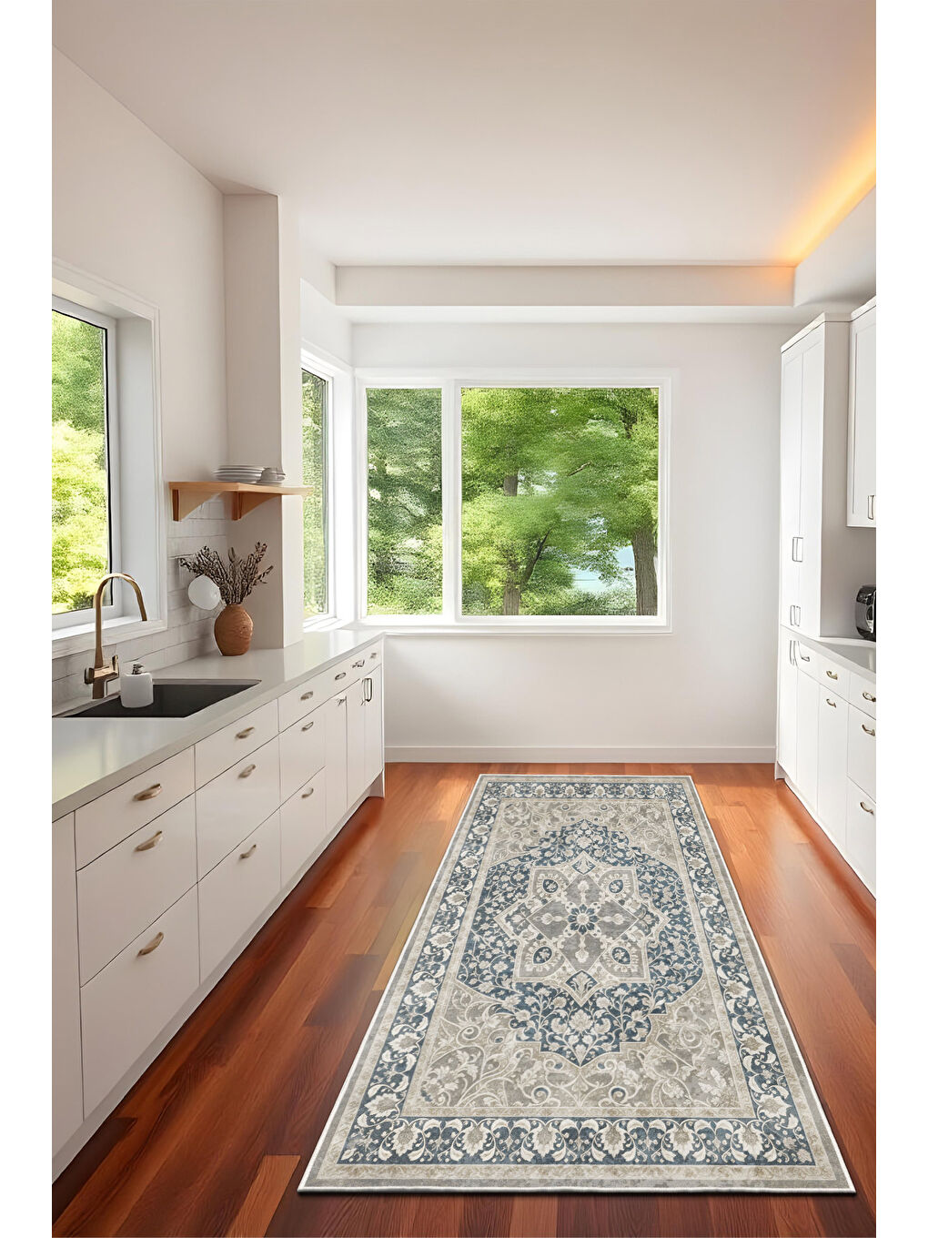 Mavi Dekoratif Özel Tasarım Yıkanabilir İnce Kaymaz Tabanlı Modern Halı KECE FR04-4