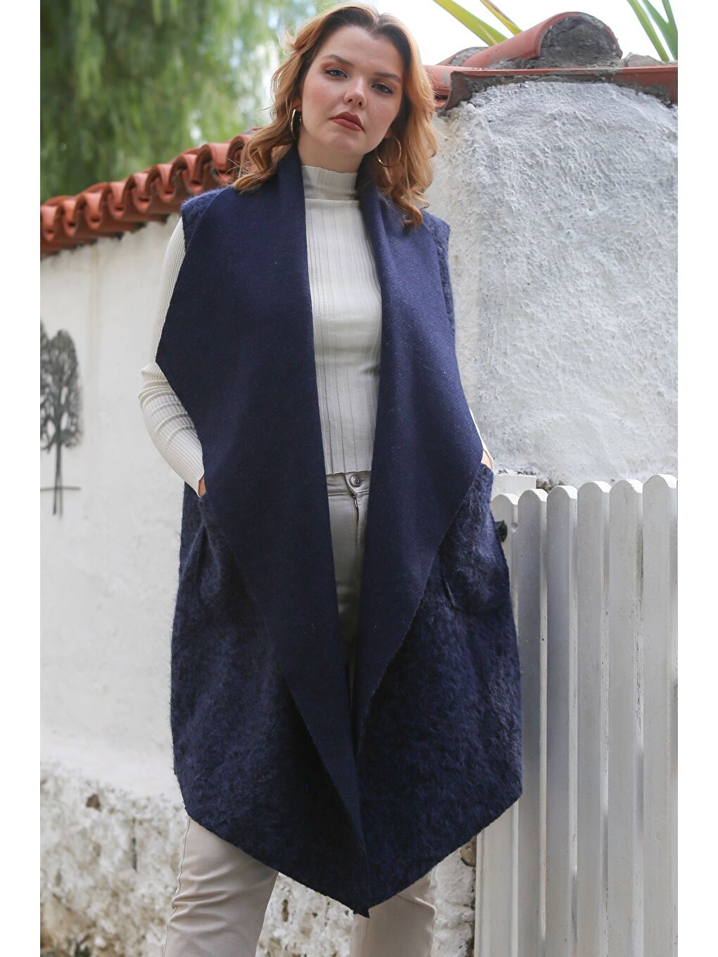 İtalyan Mavi Şal Yaka Kolsuz Cepli Casual Buklet Dokuma Yelek 90 65-4