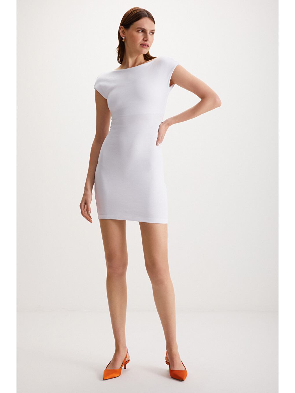 Arcene Kadın Organik Pamuklu Elastanlı Vücüdu Saran Bodycon Tek Parça Beyaz Elbise-1