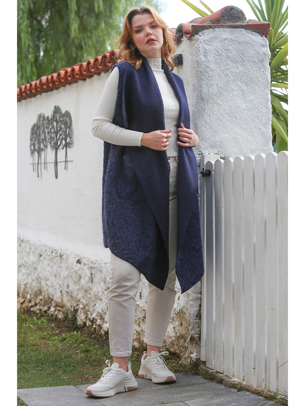 İtalyan Mavi Şal Yaka Kolsuz Cepli Casual Buklet Dokuma Yelek 90 65-5