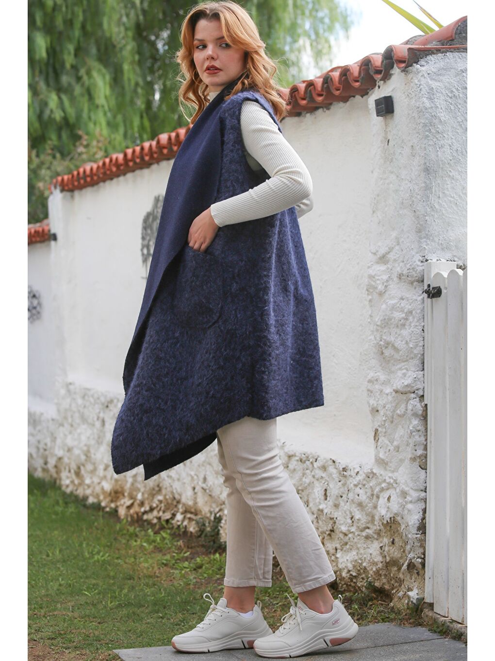 İtalyan Mavi Şal Yaka Kolsuz Cepli Casual Buklet Dokuma Yelek 90 65-6