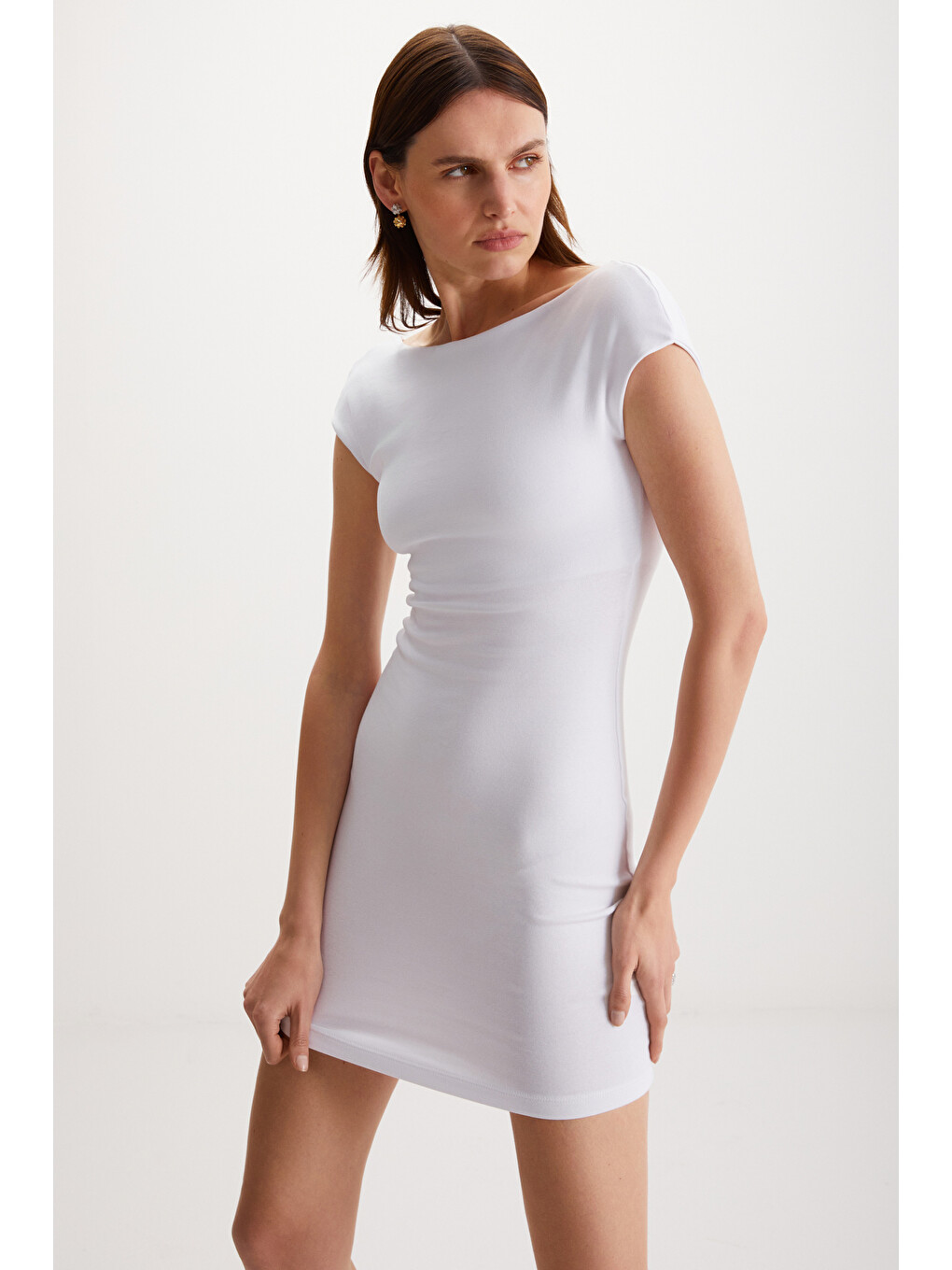Arcene Kadın Organik Pamuklu Elastanlı Vücüdu Saran Bodycon Tek Parça Beyaz Elbise-2