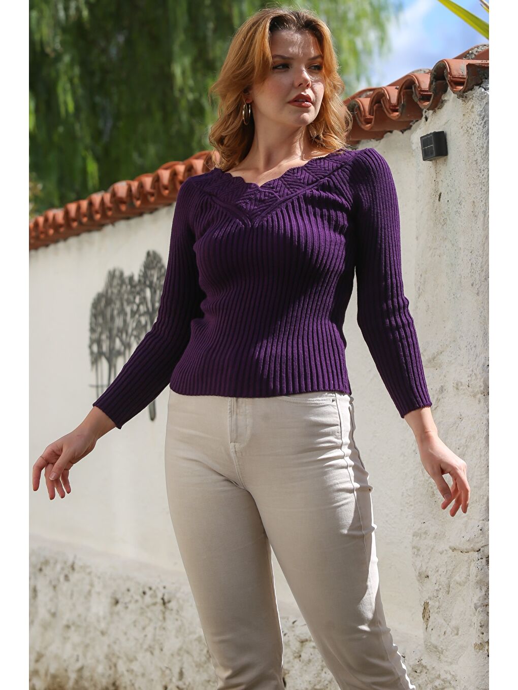 Mor V Yaka Uzun Kol Ajur Örgü Triko Kazak 60 50-3