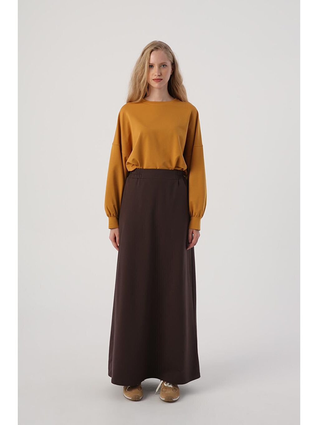 Kahverengi Acı Kahve Beli Lastikli Düz Dar Etek-1