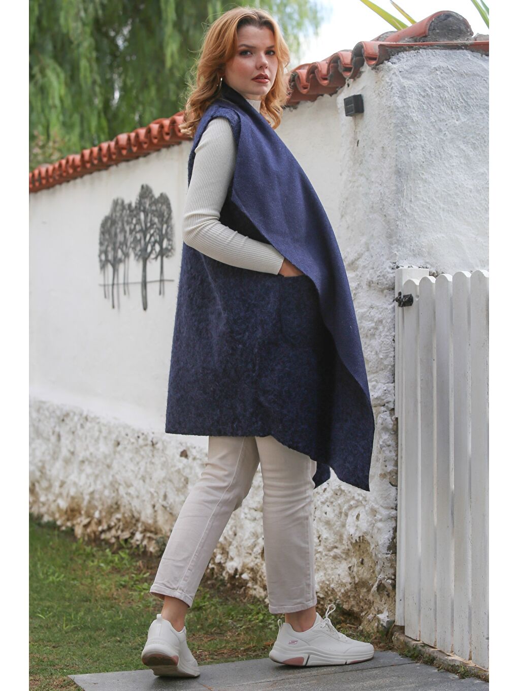 İtalyan Mavi Şal Yaka Kolsuz Cepli Casual Buklet Dokuma Yelek 90 65-7