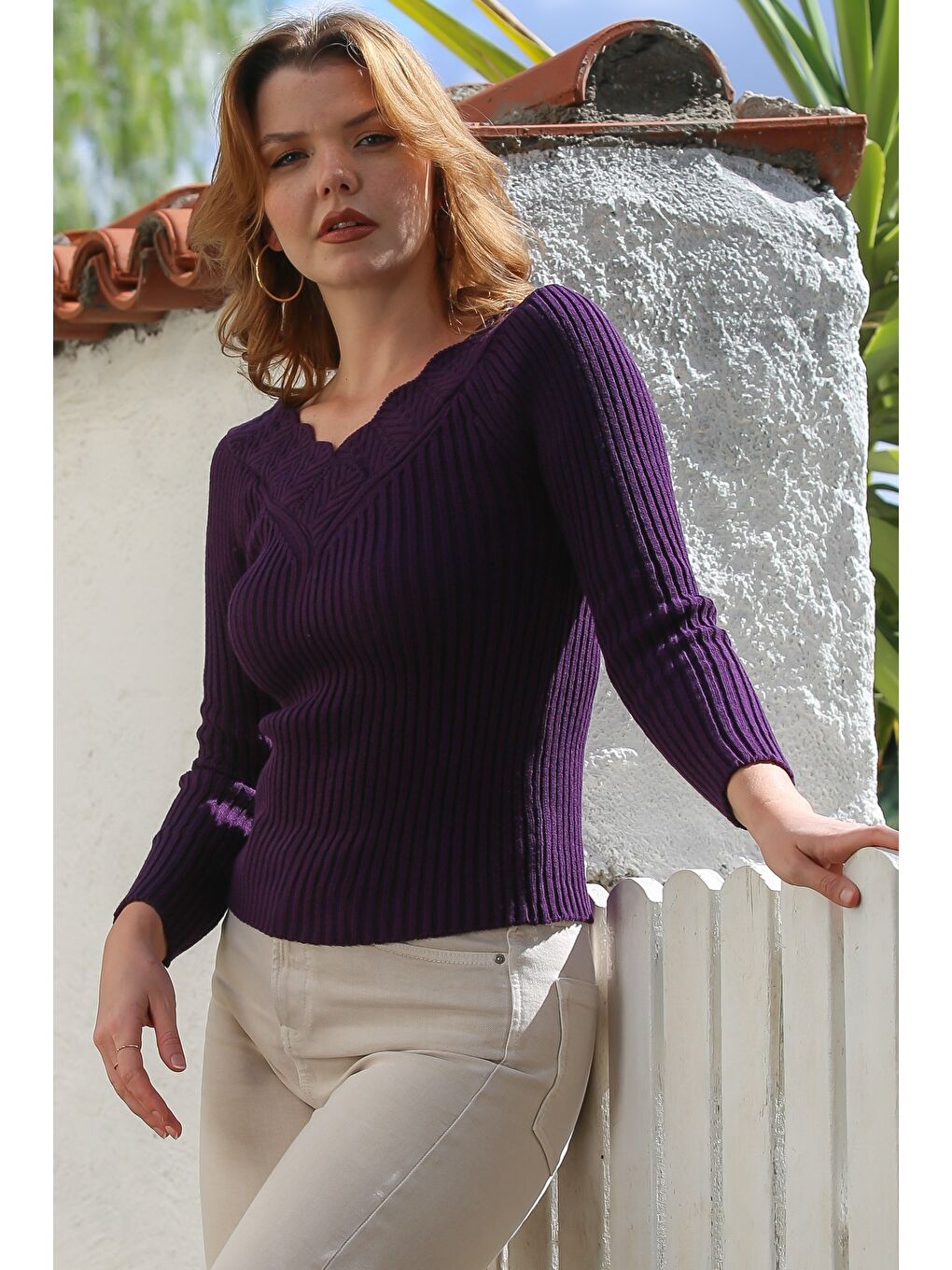 Mor V Yaka Uzun Kol Ajur Örgü Triko Kazak 60 50-4