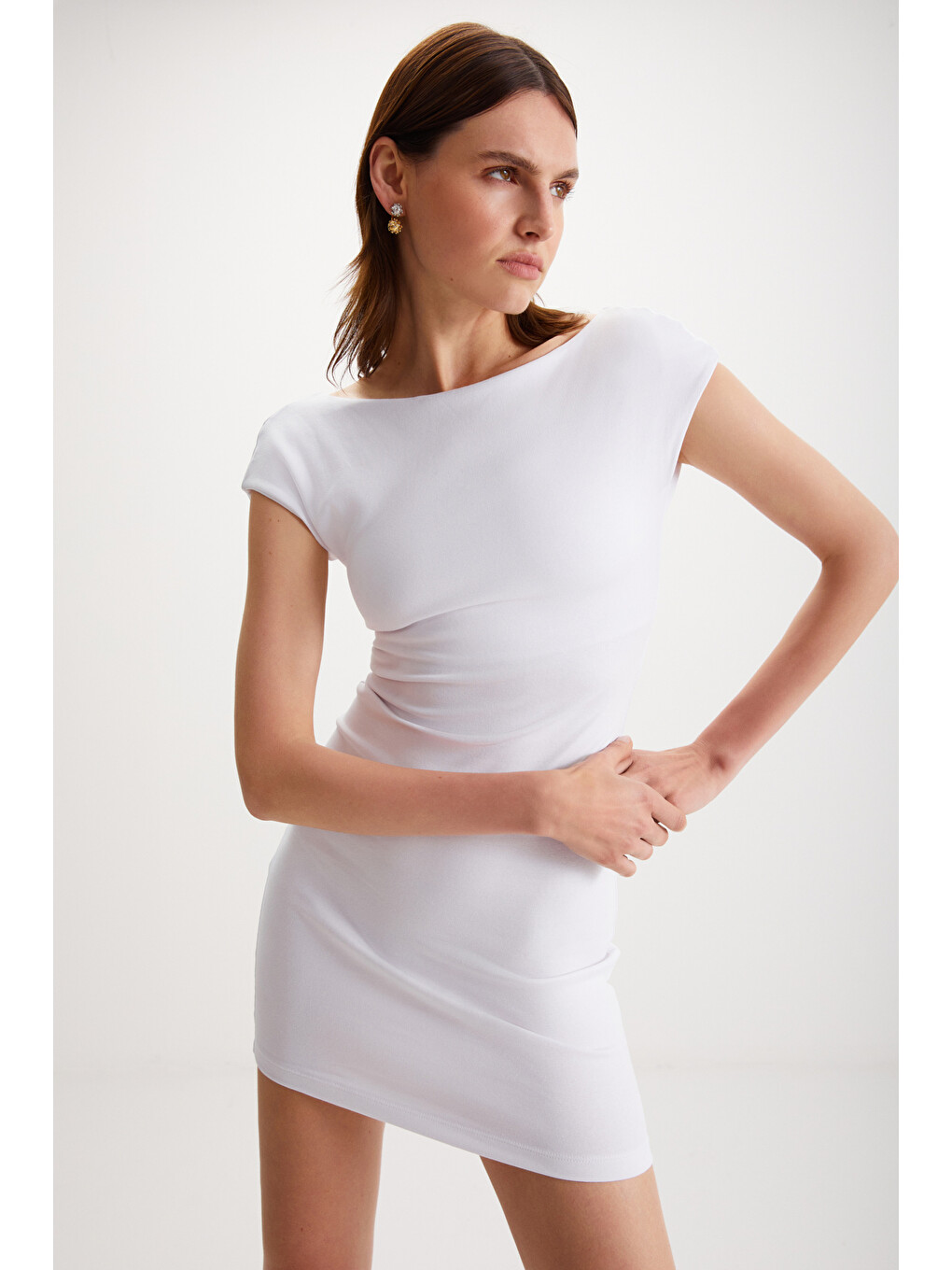 Arcene Kadın Organik Pamuklu Elastanlı Vücüdu Saran Bodycon Tek Parça Beyaz Elbise-3