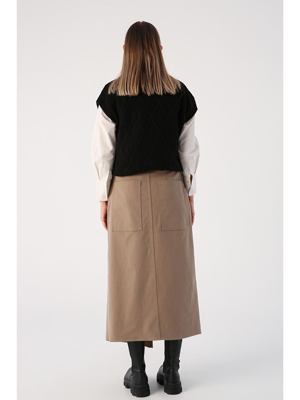 Koyu Bej %100 Pamuk Kemerli Çıtçıtlı Asimetrik Etek-3