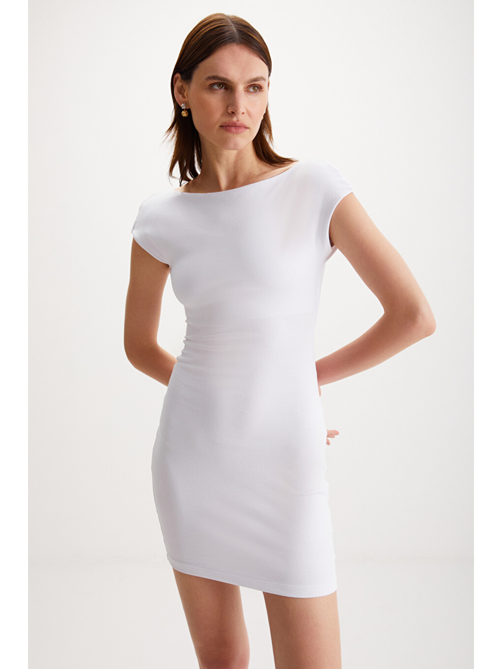 Arcene Kadın Organik Pamuklu Elastanlı Vücüdu Saran Bodycon Tek Parça Beyaz Elbise-4