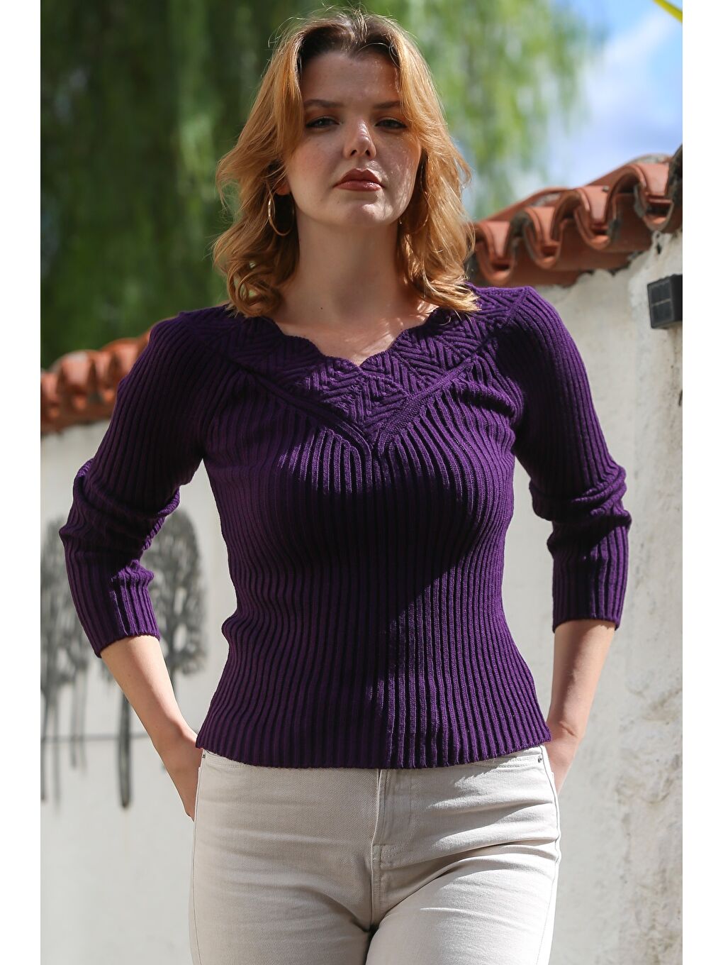 Mor V Yaka Uzun Kol Ajur Örgü Triko Kazak 60 50-5