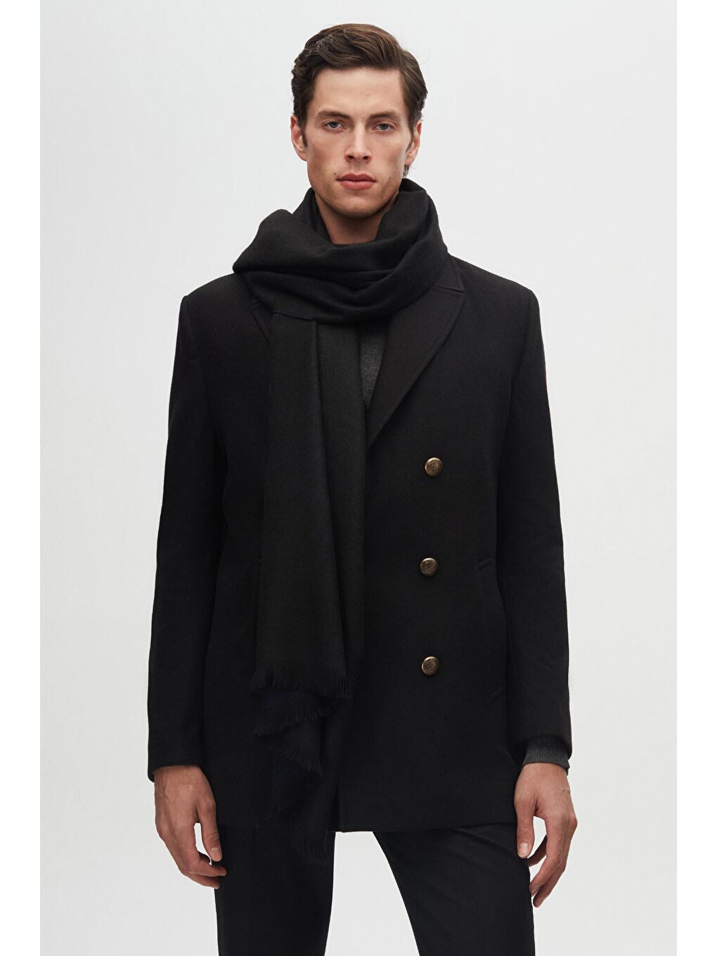 Regular Fit Siyah Kruvaze Denizci Metal Düğme Detaylı Kaşe Kaban