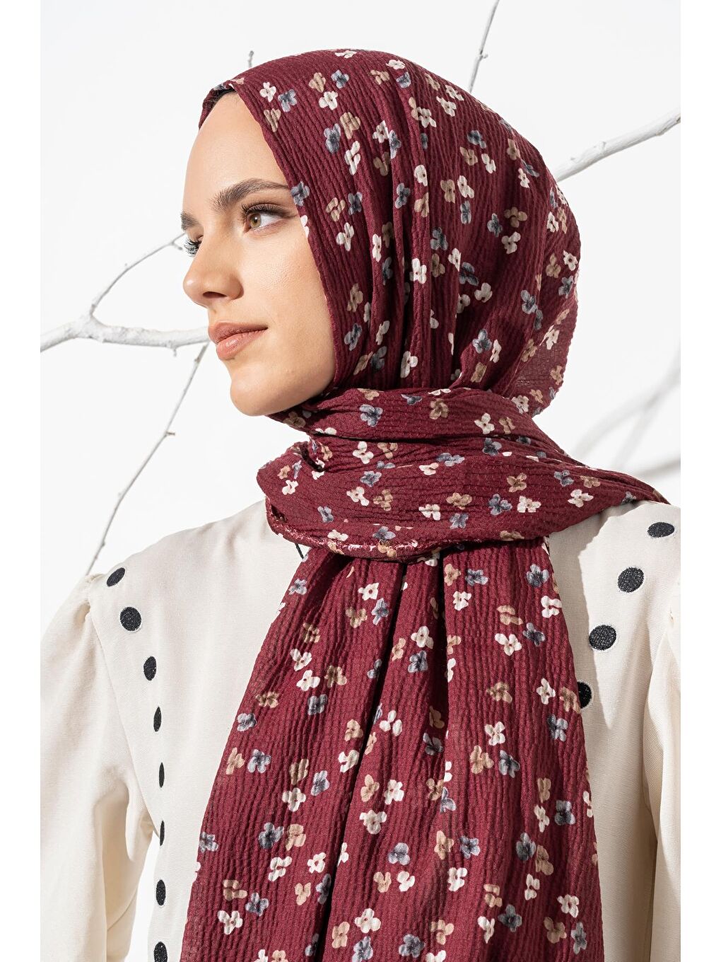 Bordo Kadın Çiçek Desenli Kırışmaz Bürümcük Şal 190*80 Cm-3