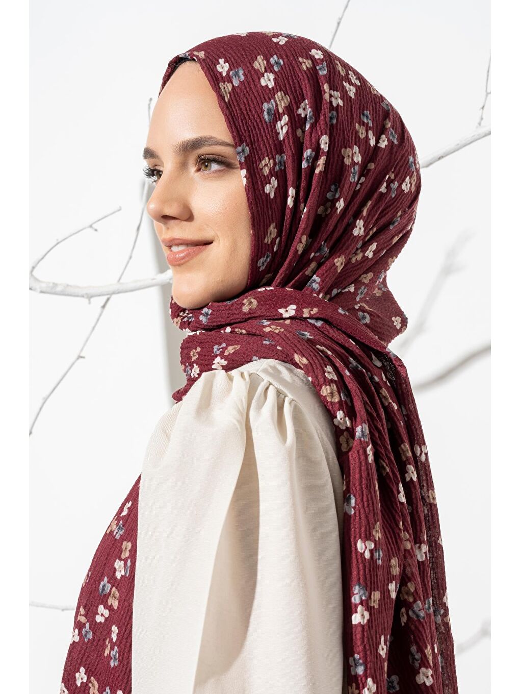 Bordo Kadın Çiçek Desenli Kırışmaz Bürümcük Şal 190*80 Cm-4