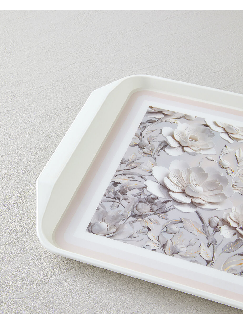Ekru Blooming PP Kaydırmaz Tepsi 39x30 cm Krem-2