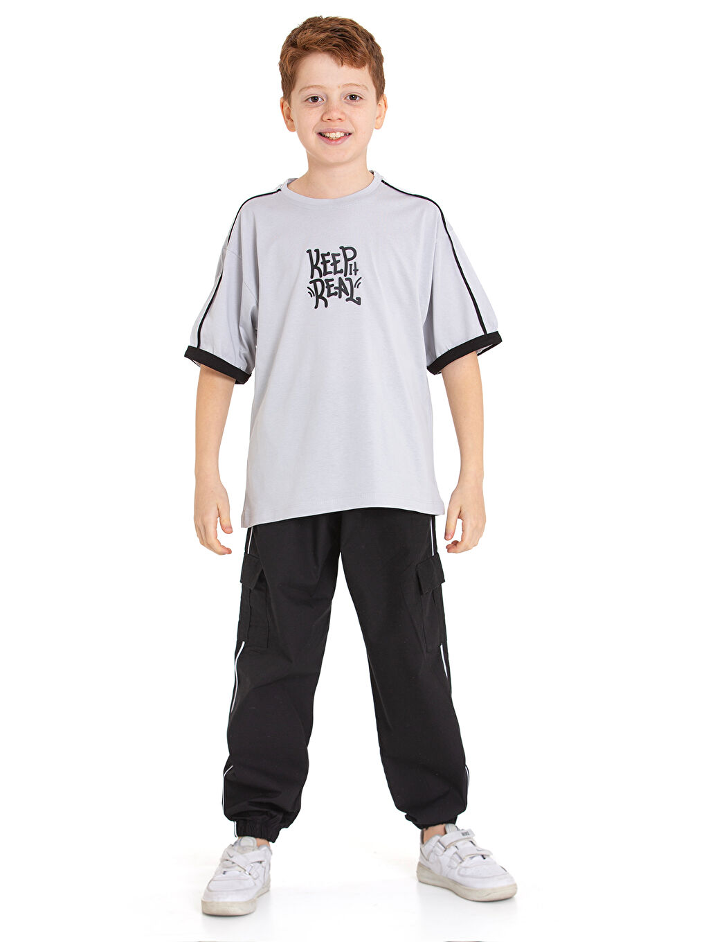 pi pengai Gri Erkek Çocuk 2'li Takım (Jogger Paraşüt Pantolon+Tişört) P1167-69
