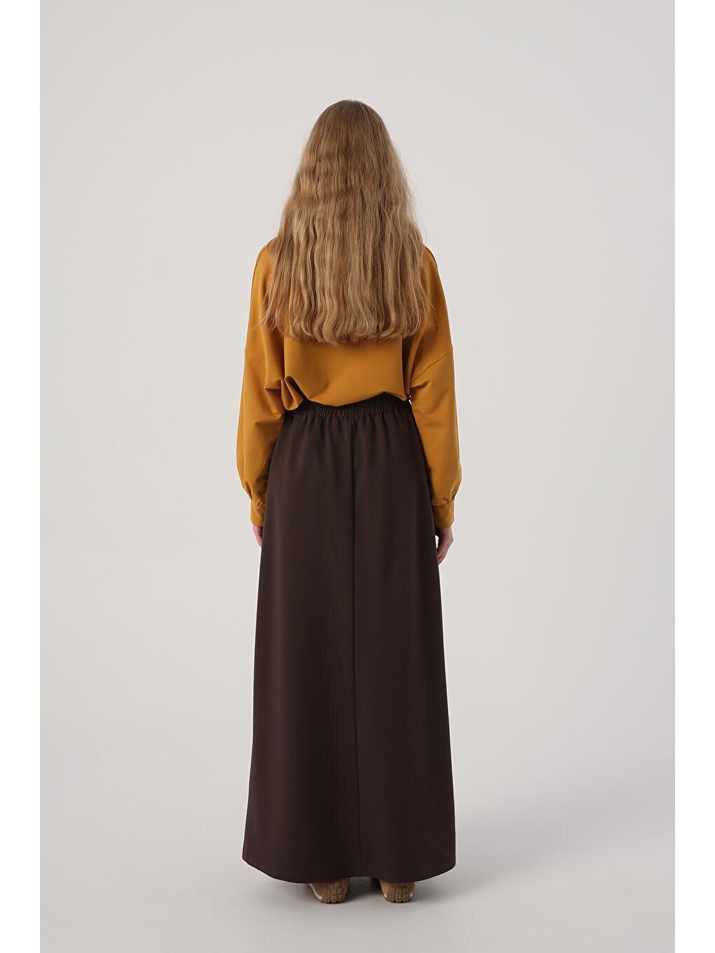 Kahverengi Acı Kahve Beli Lastikli Düz Dar Etek-3