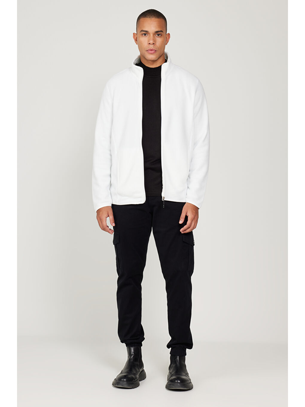 Erkek Beyaz Anti-Pilling Tüylenme Yapmayan Standart Fit Bato Yaka Sweatshirt Polar Ceket-1