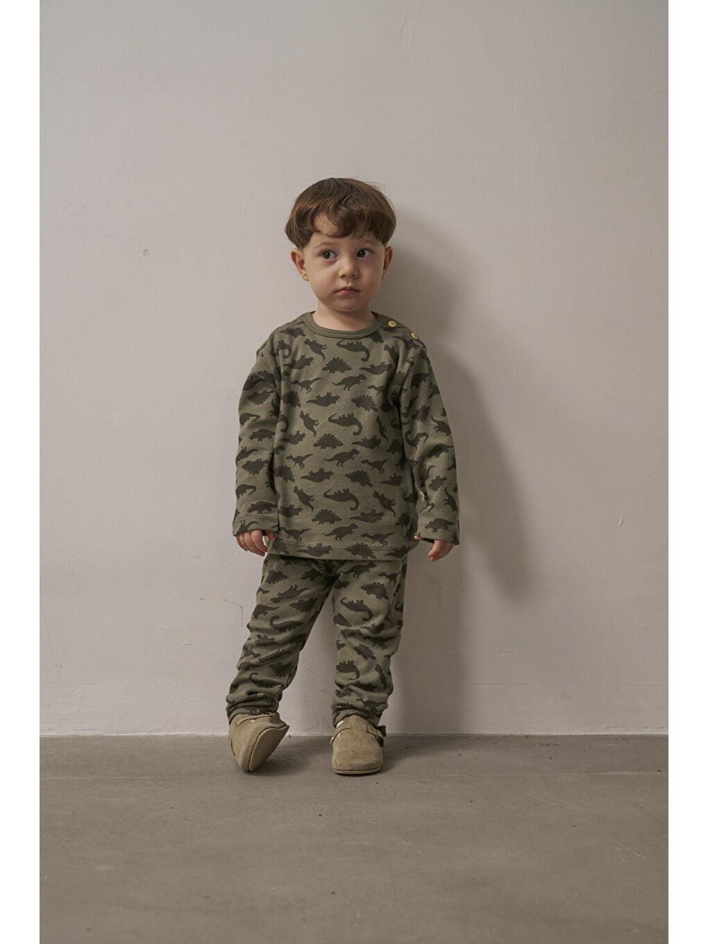 Haki Dinozor Baskılı Bebek Alt Üst Takım-1