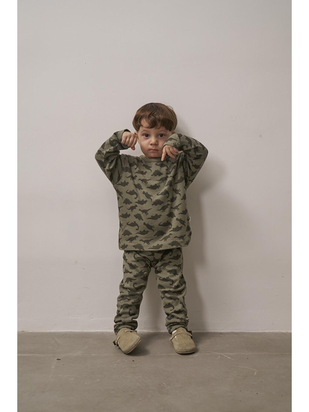 Haki Dinozor Baskılı Bebek Alt Üst Takım-3