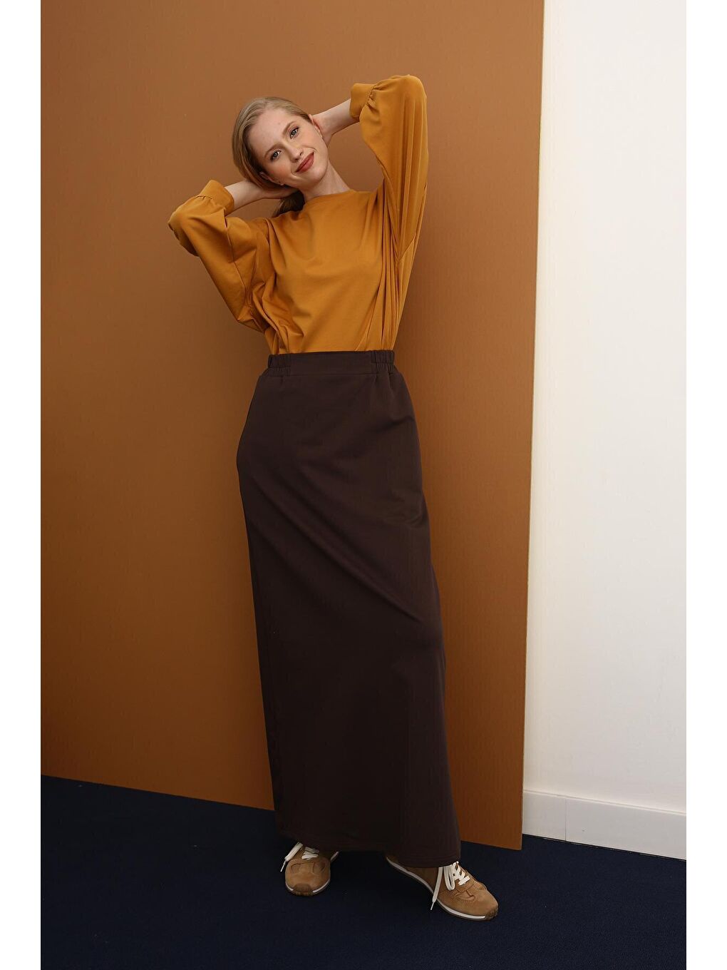 Kahverengi Acı Kahve Beli Lastikli Düz Dar Etek-4