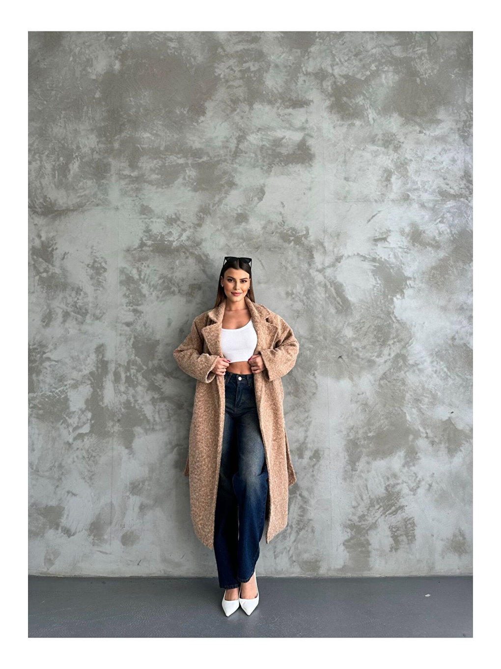 Kahverengi Yün Saçaklı Kaşe Kumaş Kuşaklı Kaban