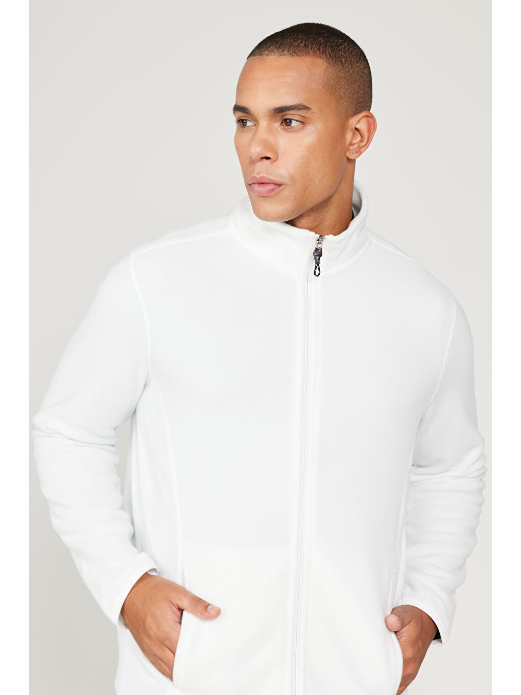 Erkek Beyaz Anti-Pilling Tüylenme Yapmayan Standart Fit Bato Yaka Sweatshirt Polar Ceket-3