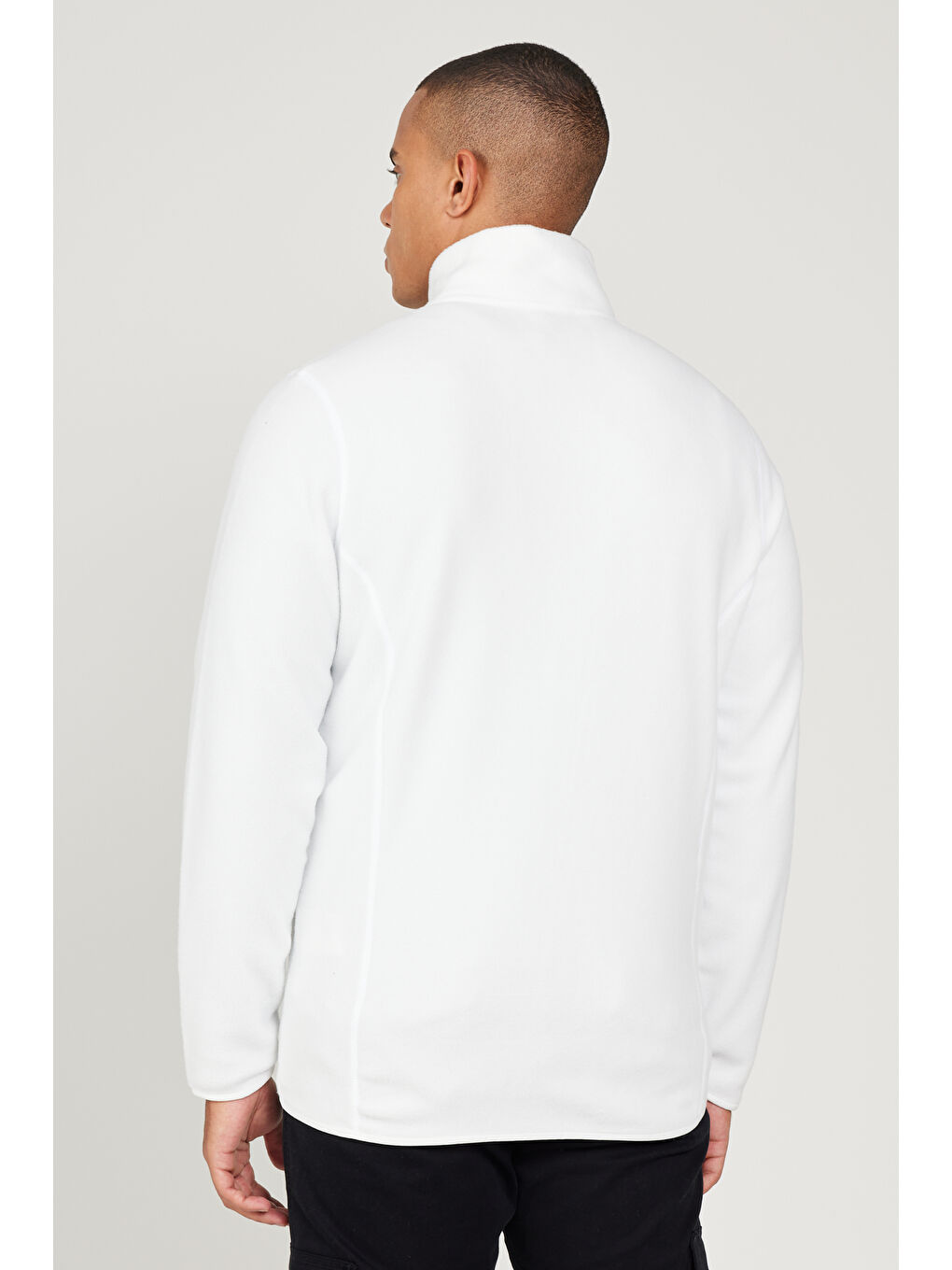 Erkek Beyaz Anti-Pilling Tüylenme Yapmayan Standart Fit Bato Yaka Sweatshirt Polar Ceket-5