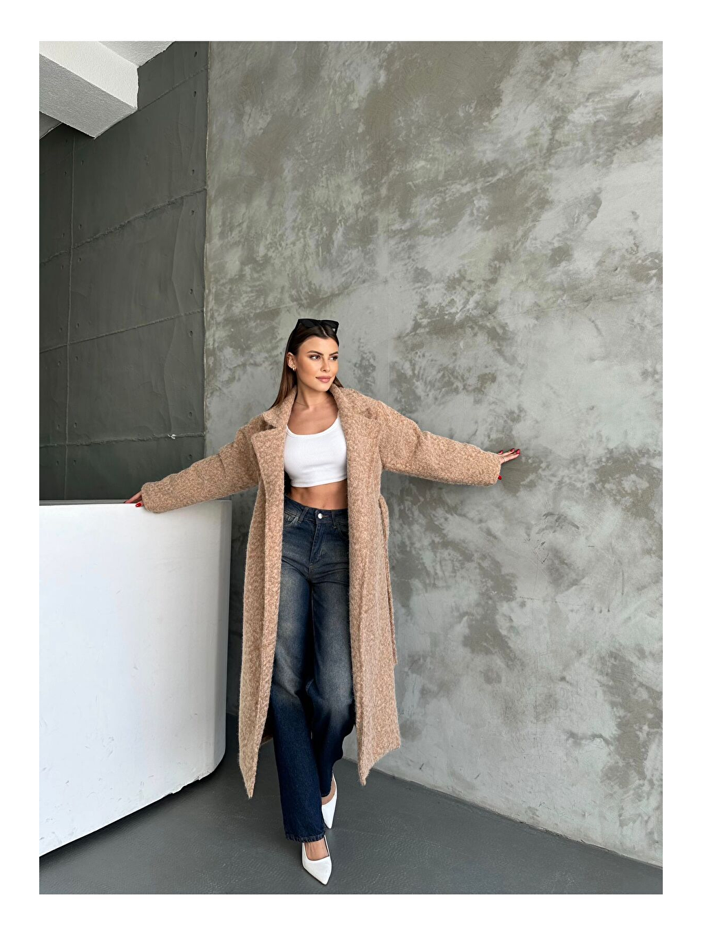 Kahverengi Yün Saçaklı Kaşe Kumaş Kuşaklı Kaban-3