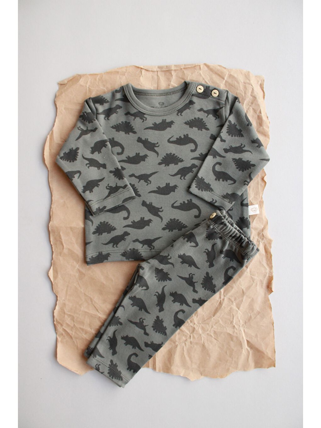 Haki Dinozor Baskılı Bebek Alt Üst Takım-10