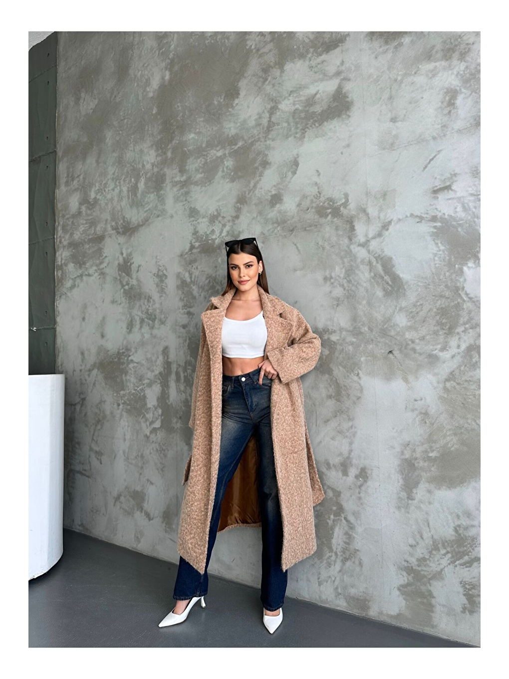 Kahverengi Yün Saçaklı Kaşe Kumaş Kuşaklı Kaban-4