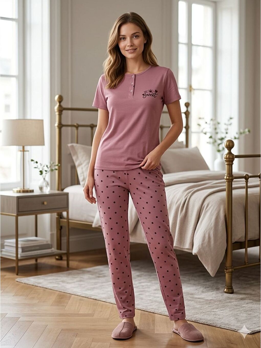 Pembe Kadın Modal Kumaş Puantiyeli Düğmeli Kaliteli Esnek Rahat Kısa Kollu Pijama Takımı