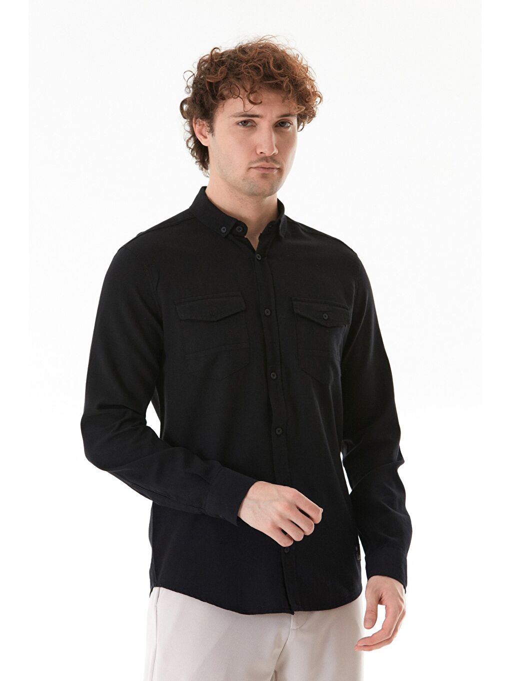 Siyah Zikzak Desenli Çift Cepli %100 Pamuk Gömlek