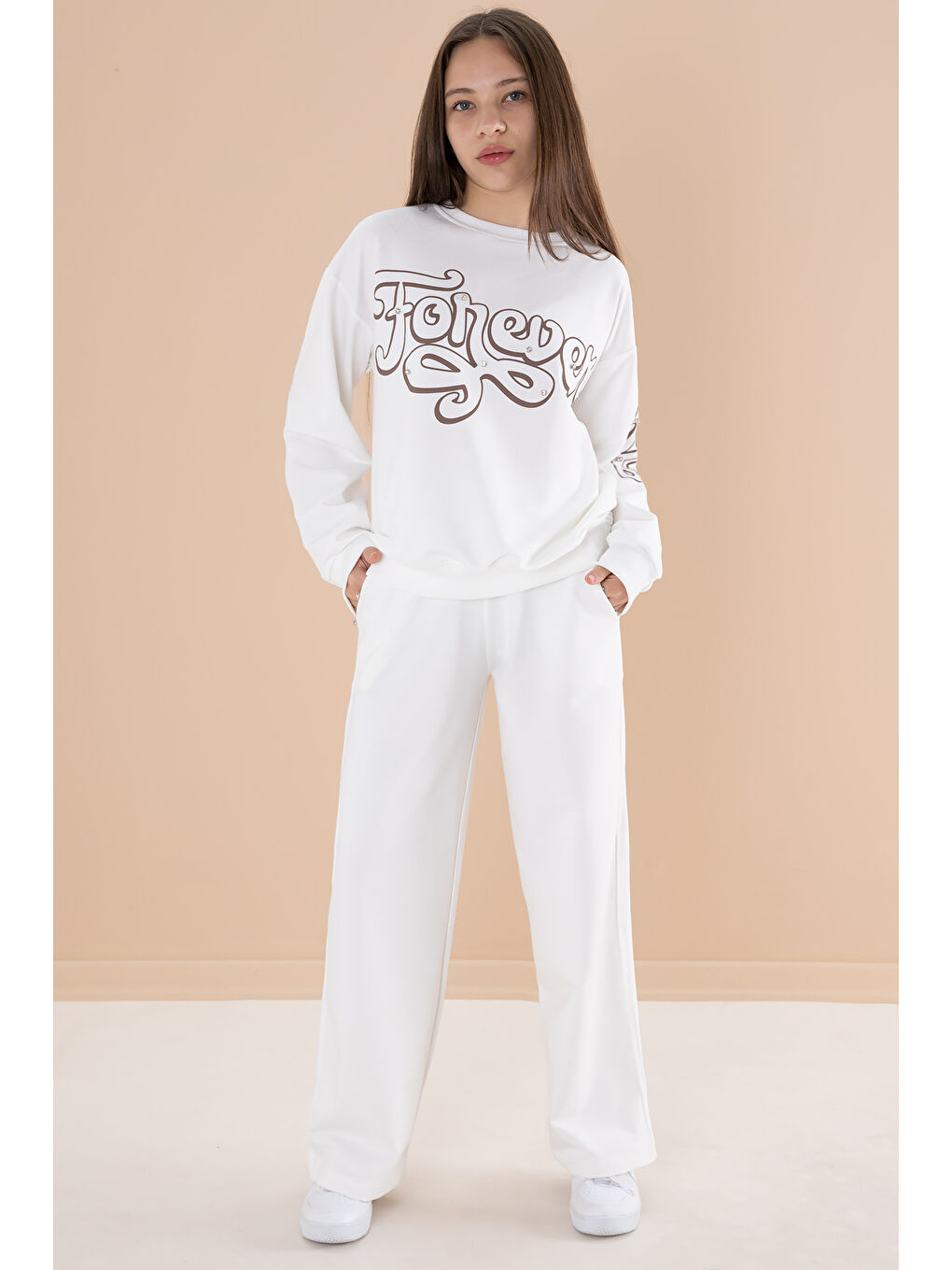 Ekru Yazı Baskılı Kız Beli Lastikli Eşofman Takımı 19897