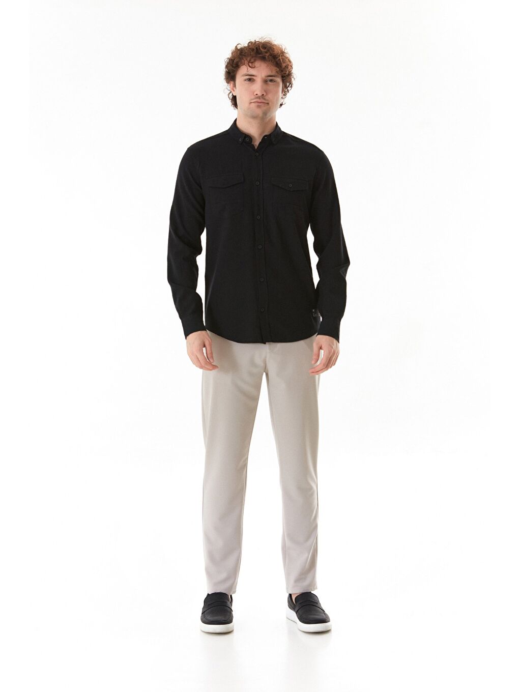 Siyah Zikzak Desenli Çift Cepli %100 Pamuk Gömlek-1