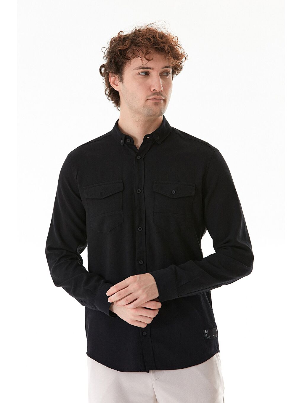 Siyah Zikzak Desenli Çift Cepli %100 Pamuk Gömlek-2