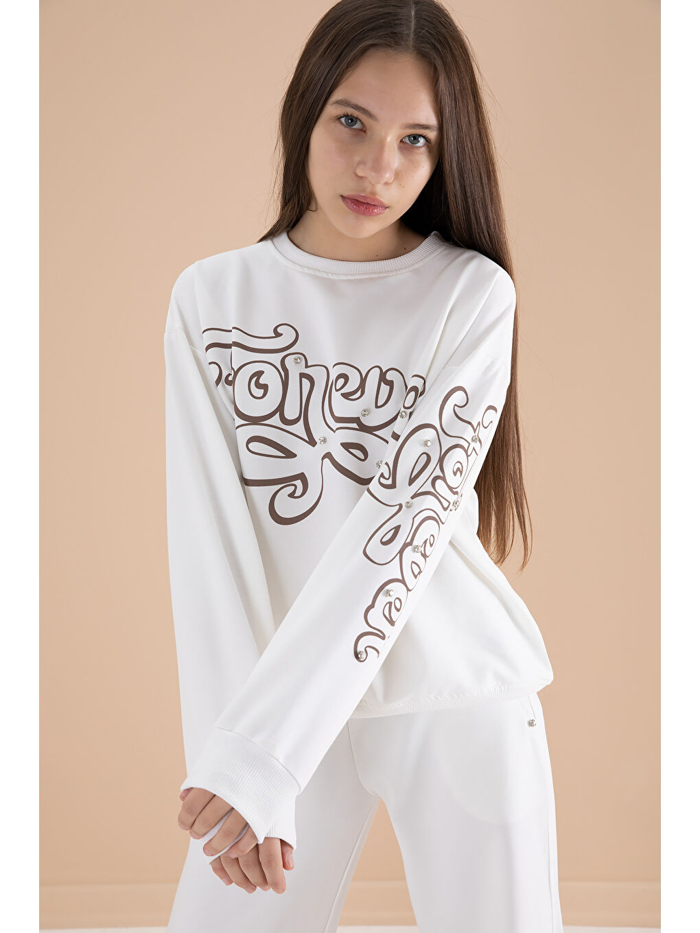 Ekru Yazı Baskılı Kız Beli Lastikli Eşofman Takımı 19897-1