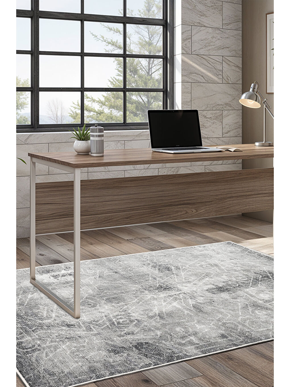 Gri Dekoratif Özel Tasarım Yıkanabilir İnce Kaymaz Tabanlı Modern Halı KECE FR02-2