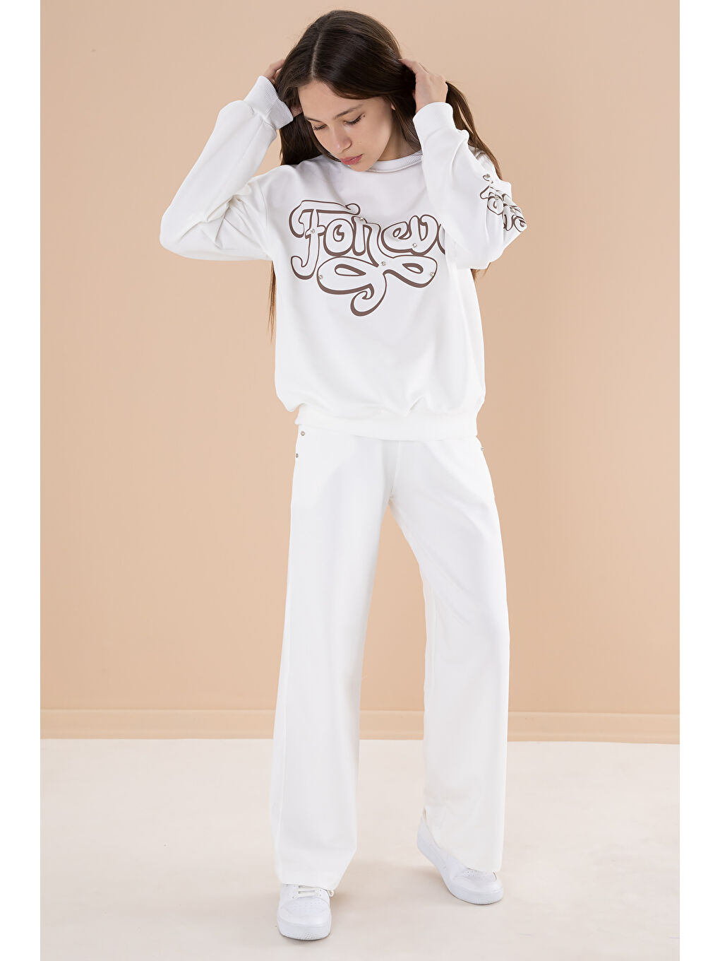 Ekru Yazı Baskılı Kız Beli Lastikli Eşofman Takımı 19897-3